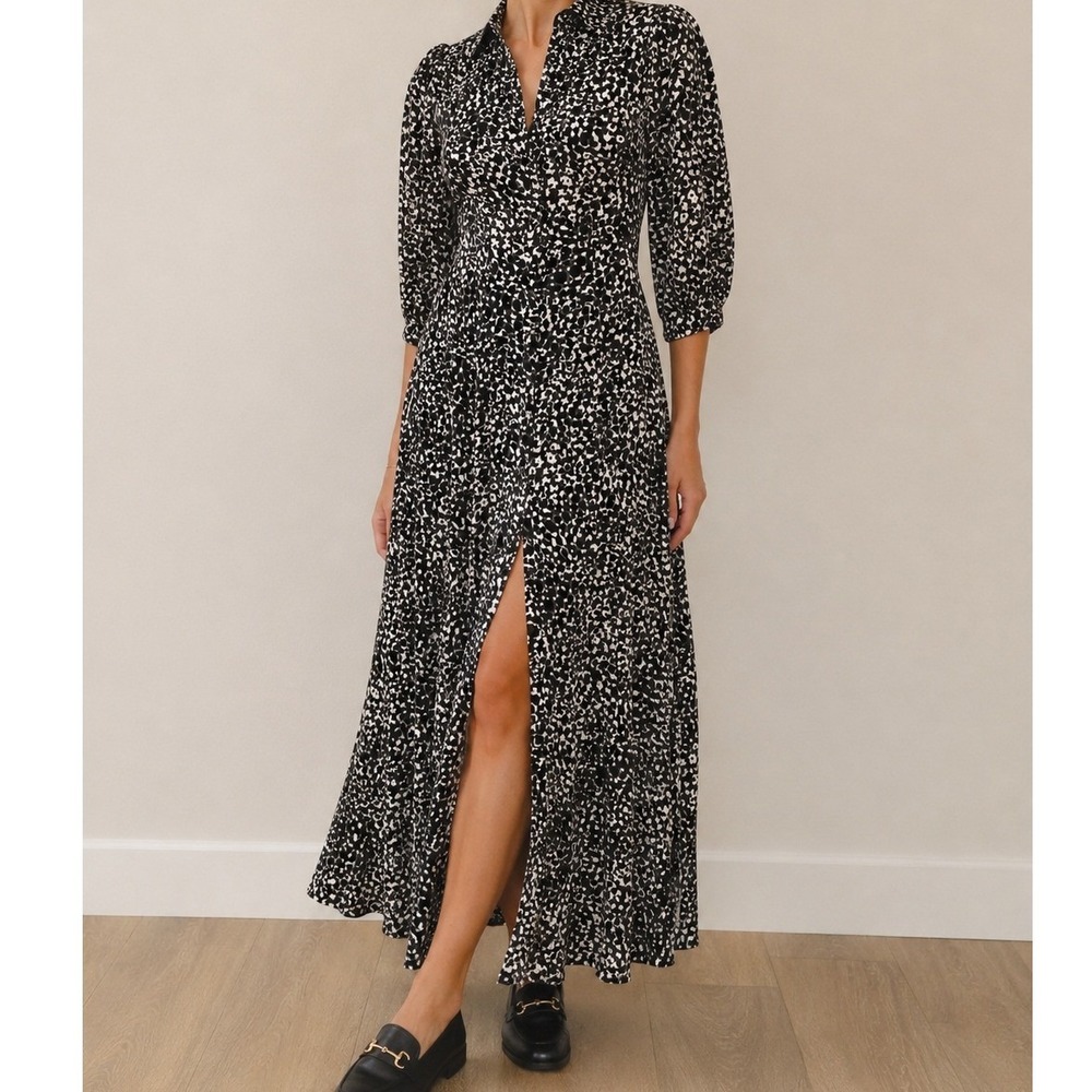 NEW Skies are Blue Leopard Print Maxi Dress Green Black Classic Long Sleeve XS
